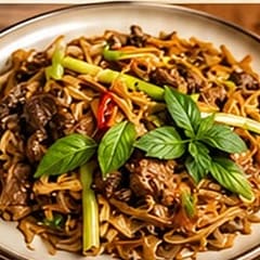 Flat rice noodles stir fried with beef and spring onion, topped with basil