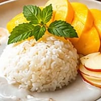 Mango sticky rice with fresh mango and apple slices