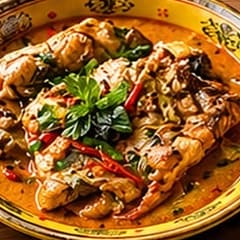 Thai red curry with chicken and red chilli in a patterned yellow bowl