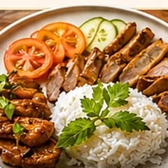 Sliced pork with rice, sliced tomato and cucumber