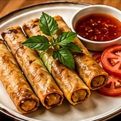 Fried spring rolls served with a small bowl of sweet chilli sauce and sliced tomato