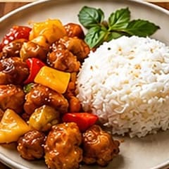 Sweet and sour chicken with pineapple and peppers, served with a mound of white rice