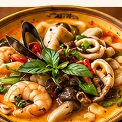 Tom yum soup with prawns, mussels and squid in a hot and sour broth