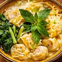Wonton noodles in a pale broth with hand folded wontons and green vegetables, in a bowl with a yellow rim