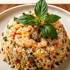 Yang Chow fried rice with prawns and vegetables, topped with fresh basil
