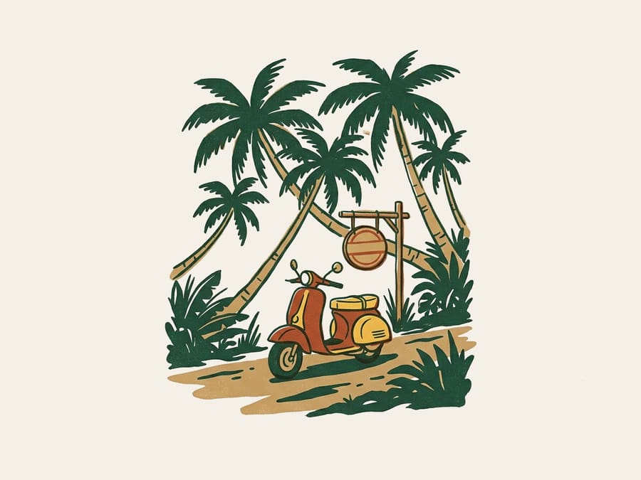 An illustrated poster of a scooter parked on a sandy road under coconut palms beside a small round hanging sign