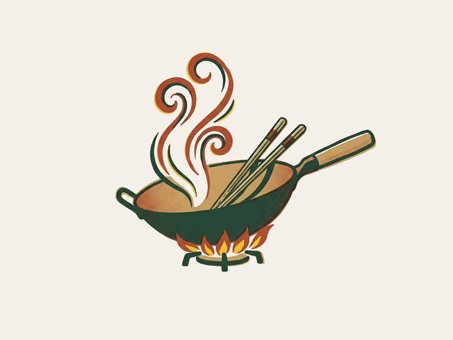An illustrated poster of a wok over a flame with steam curling from it and chopsticks resting on the rim