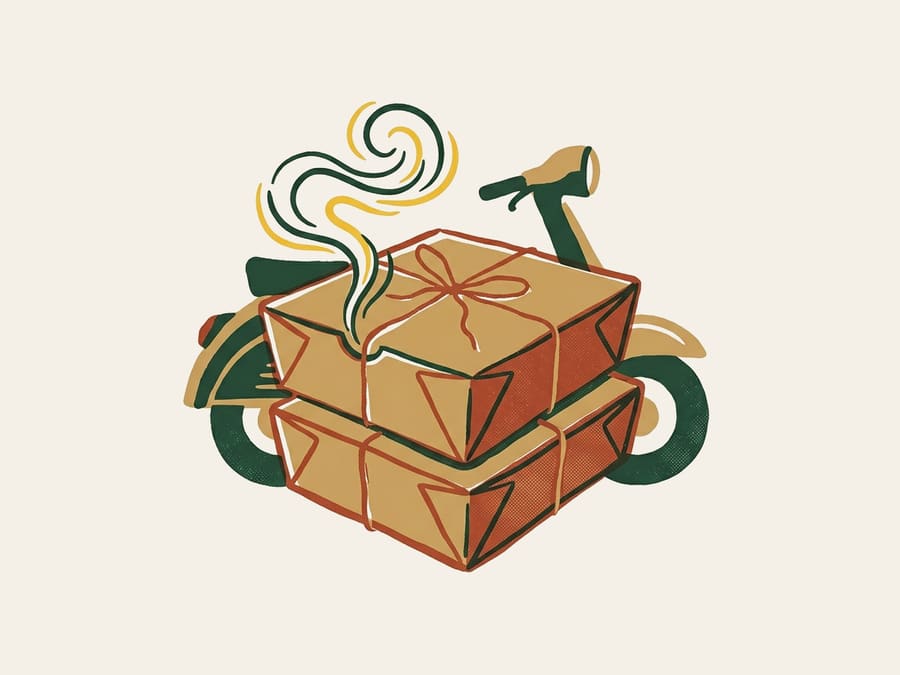 An illustrated poster of two tied paper takeaway boxes with steam rising, a scooter behind them