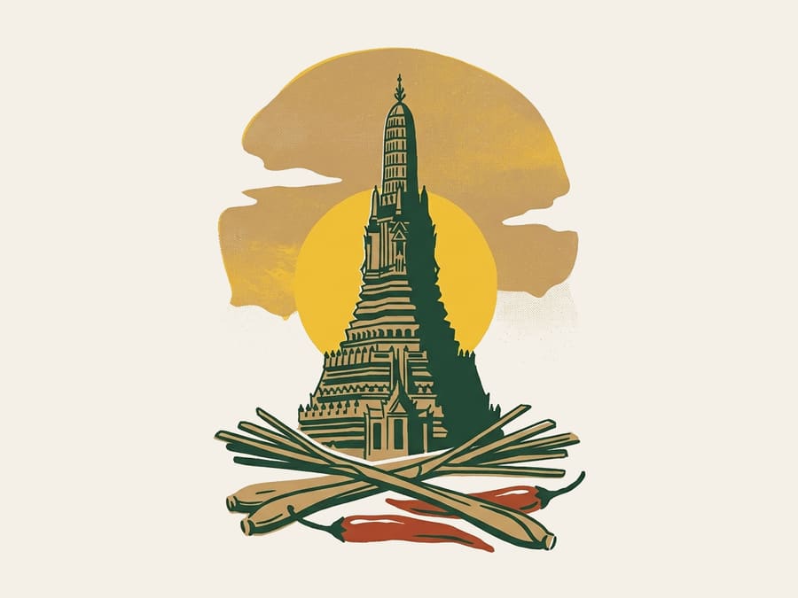 An illustrated poster of a Bangkok temple spire at sunset with lemongrass and red chillies in the foreground